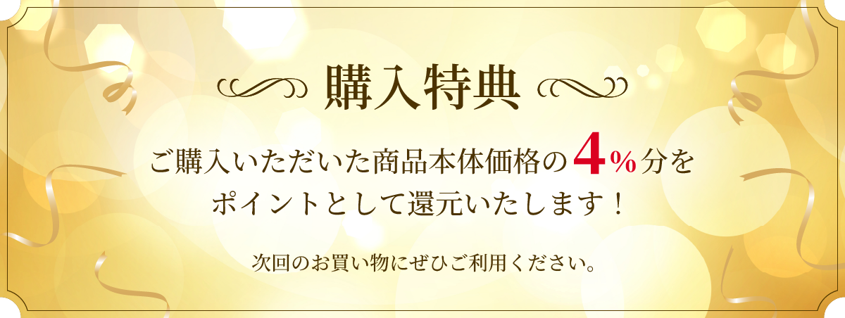 購入特典 ご購入いただいた商品本体価格の4%分をポイントとして還元いたします！ 次回のお買い物にぜひご利用ください。